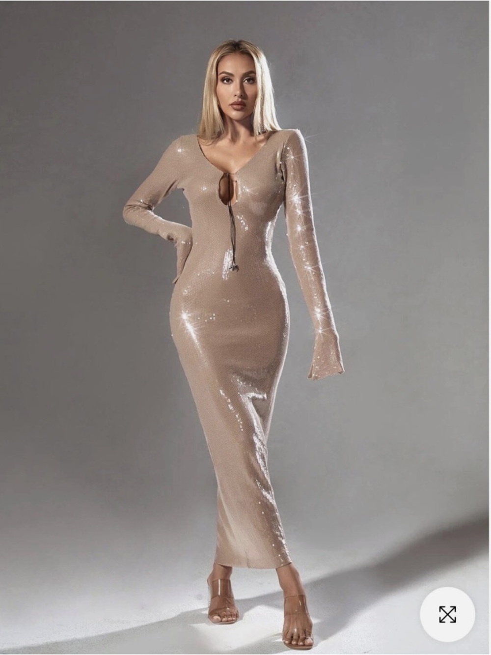 NWT: Mew Mews Storm Long Sleeve Sequin Maxi Dress in Apricot (Nude)- (S)